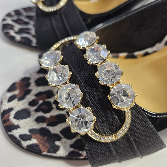 Beverly Feldman Black Peep Toe Heels Open Back 8M Rhinestones Kitten Heel - Picture 4 of 17